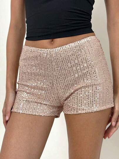 Women's Summer Low Rise Shorts Elastic Waistband Streetwear Sequins Hot Shorts