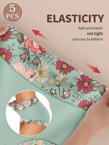 5pcs Women's Mid-High Waist Briefs, Soft & Comfortable Floral Print Triangle Panties, Breathable - Nhiều màu - Xem 5