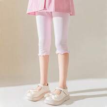 4 Pairs Summer Girls/Kids/Infants Ruffle Edge Capri Leggings, White/Gray/Black/Pink Solid Colors, Thin 3/4 Length Pants, Casual Cute Fashion, Soft & Comfortable Bottoms, Suitable For Daily Wear, Can Be Paired With Tops Or Skirts