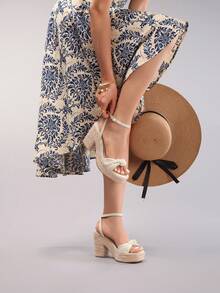 粗绳厚底坡跟凉鞋，扭纹露趾，夏季度假休闲高跟防水一脚蹬拖鞋，女士日常时尚鞋