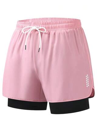 [2-In-1 Sports Shorts] Women Geometric Pattern Sports Shorts - 95% Polyester, 5% Spandex Blend, Slightly Stretchy, Woven Athletic Casual Shorts, Suitable For Fitness, Jogging, Spring, Summer, Autumn