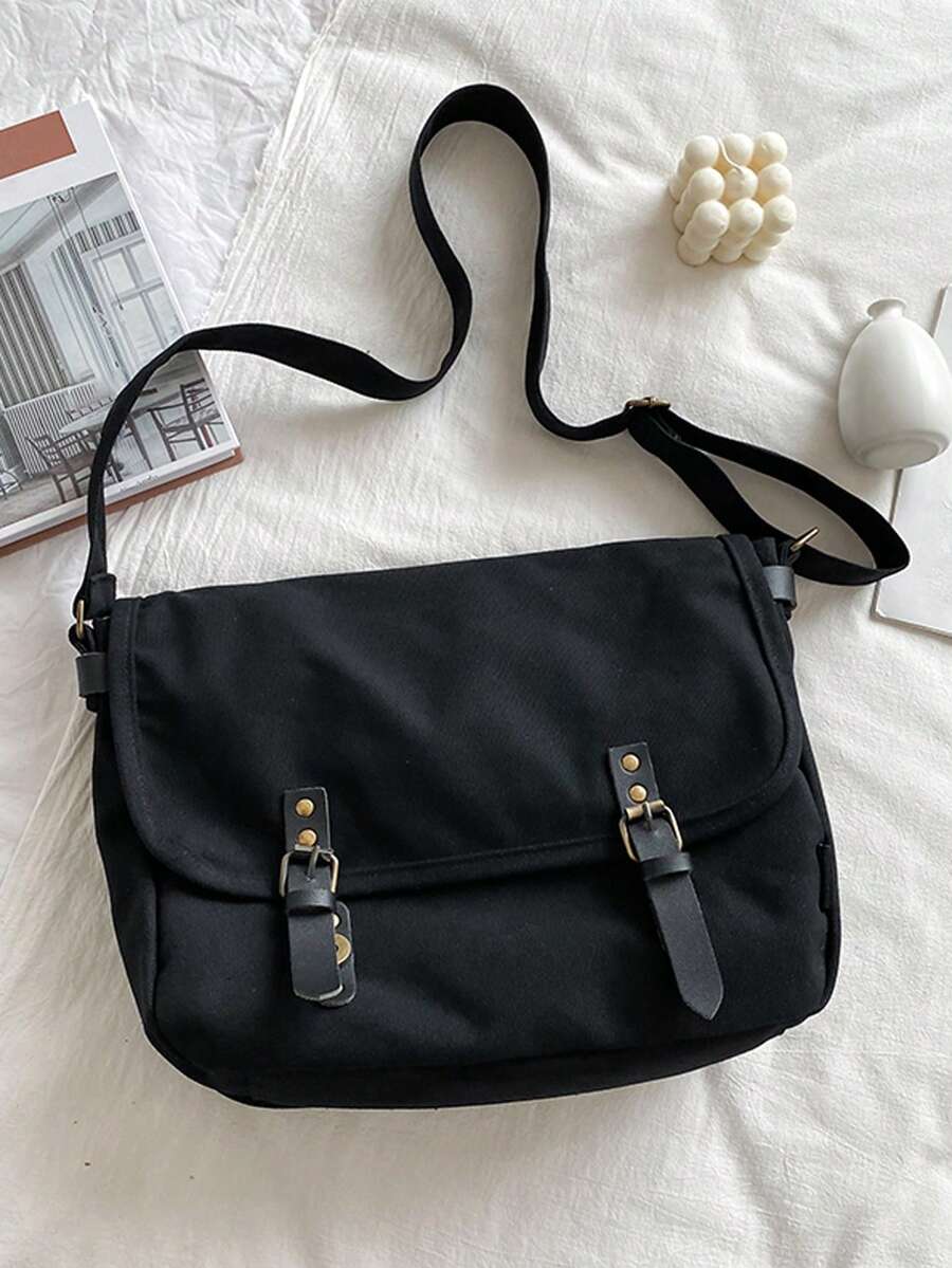 Vintage Military Canvas Laptop Bag Medium Messenger Bag - Black - View 1