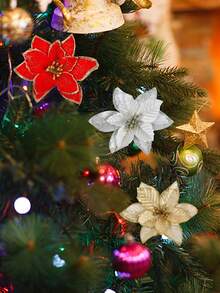 10pcs/Set Multi-Color Artificial Christmas Tree Decorations With Clips, Glitter Hollow Mesh Powder Christmas Flowers, Christmas Decorations, Holiday Accessories, Christmas Tree, Wreaths, Glitter Poinsettia Christmas Tree Ornaments, Holiday Decor DIY Christmas Wreaths, Party Decorations