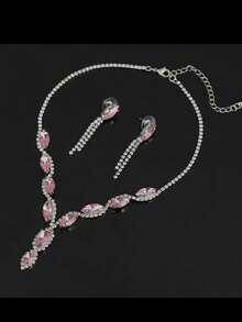 3 件套优雅粉色水晶项链、流苏耳环首饰套装适合女性、婚礼、生日、派对佩戴