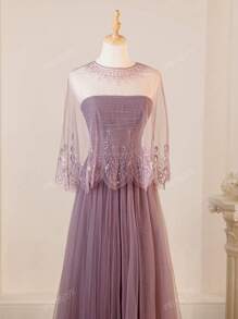 Elegante e raffinato abito da sera/abito in stile derby con sovrapposizione in rete viola, con scialle in pizzo, vestito formale, da cocktail, abito da sera, per invitati a matrimoni