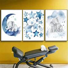 1 Stück Wandkunst Poster wahlweise mit Rahmen Dekor, Baby Mädchen Elefant Kinderzimmerdekoration - Baby Jungen Zimmer Dekorationen für Kinderzimmerwand, blaue Mond und Sterne Kinderzimmerkunstdrucke, süßes Elefantenposter Tierbild für Schlafzimmer