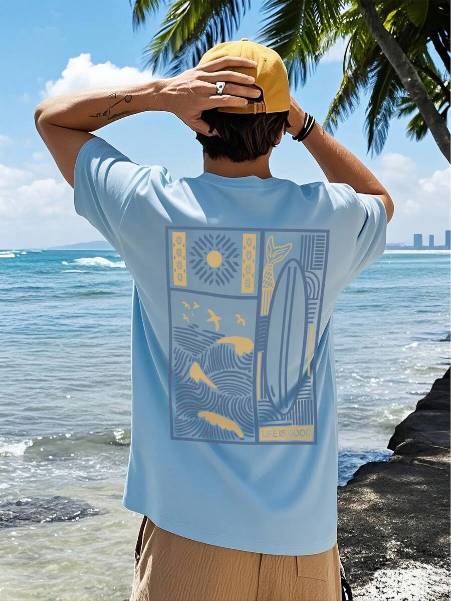 男士图案印花圆领休闲短袖T恤，夏季 - 淺藍色 - 查看 1