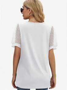 VERACT Camiseta casual de mujer de cuello en V, manga corta, con motivo de lunares suaves de tul.