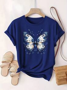 Women's Plus Size Casual Butterfly Print T-Shirt, Round Neck, Slightly Stretchy Fabric, Fashionable Top For All Seasons