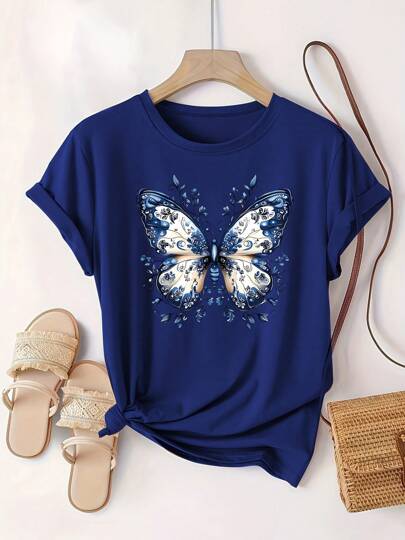Women's Plus Size Casual Butterfly Print T-Shirt, Round Neck, Slightly Stretchy Fabric, Fashionable Top For All Seasons