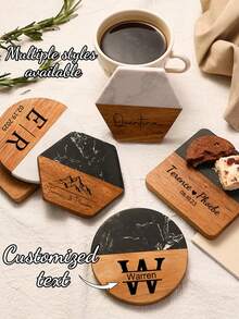 1pc Customized Text Marble & Wooden Coaster, Housewarming, Wedding, Anniversary, Engagement Personalized Gift - Multicolor - View 3