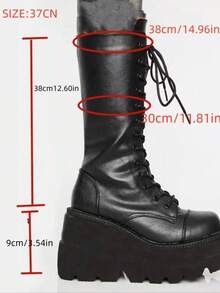 Women's Punk Style Lace Up Knee High Boots, Black Boots, Fashionable Solid Color Wedge Boots For Daily Life, Platform Y2k Minimalist Boots For Women & Girls, Valentine's Day, Gift - Black - View 4