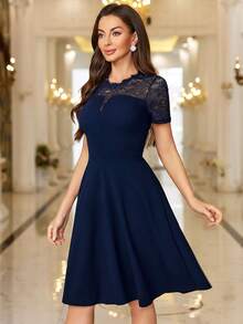 MIUSOL Contrast Lace Sleeve Prom Party A-Line Dress