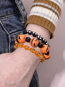 3pcs Gothic Goth Horror Blood Hand Skull Pumpkin Spider Print Wooden Bead Bracelet, Punk Style Elastic Wrist Strap, Unisex, Suitable For Halloween Party Holiday Gift