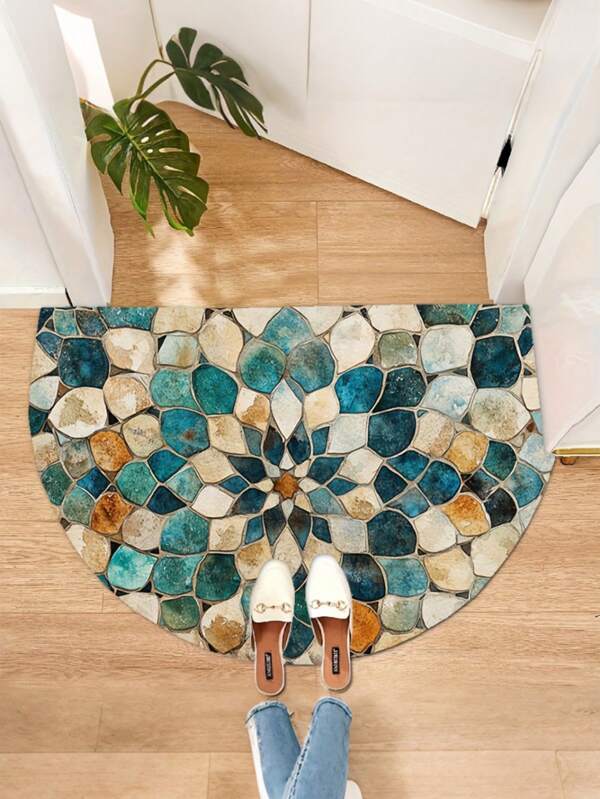 1 Stück Marokkanischer Mosaik-Stil halbkreisförmige moderne Kunst Eingangsmatte, geometrischer Retro leicht zu reinigender Teppich, geeignet für Vintage-Dekoration, Fußmatte, Küchenteppich, Badteppich, Willkommens-Matte, Küchenmatte, Outdoor-Teppich, kleiner Teppich, schmutzabweisend und staubsaugergeeignet