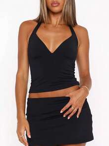 Women Summer Sexy Low-Cut V-Neck Crop Slim Fit Halter Top With Tie Strap - Black - View 1