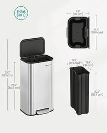 SONGMICS Kitchen Trash Can, 8-Gallon (30 L) Garbage Can With Lid, Stainless Steel, Soft Close And Stays Open, Inner Bucket, Wide Non-Slip PedalKitchen Trash Can, 8-Gallon (30 L) Garbage Can With Lid, Stainless Steel, Soft Close And Stays Open, Inner Bucket, Wide Non-Slip Pedal - Bạc - Xem 8