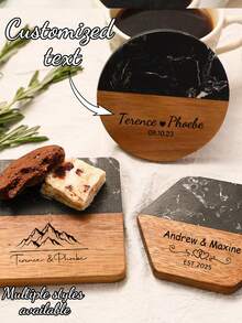 1pc Customized Text Marble & Wooden Coaster, Housewarming, Wedding, Anniversary, Engagement Personalized Gift - Multicolor - View 2