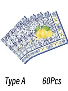 20-100pcs Set Blue And White Porcelain Lemon Pattern Paper Napkins, Disposable Party Supplies, Party Decorations, Festival Decorations