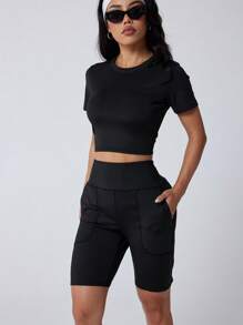 1pc Women Classic Black Round Neck Short T-Shirt - Knit Fabric, 220g/M², 86% Polyester 14% Spandex, Medium Stretchiness, Comfortable, Essential For Workout, Yoga, Casual Outing, Suitable For All Seasons