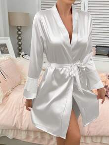 1件女士黑色新款长袖休闲舒适透气性感系带家居浴袍，四季家居浴袍，夏季浴袍，秋季浴袍，冬季浴袍返校 - 白色 - 查看 2