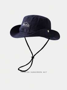 1pc Bucket Hat With Mountain & Western Cowboy Embroidery, Drawstring And Sun Protection For Outdoor ActivitiesMen's Sun Hat Summer Hat, Suitable For Summer Outdoor Activities Such As Hiking And Fishing
