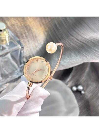 1pc Delicate Bracelet Horloge Large Pearl, Diamond Cut Glass Dial, Minimalist Quartz view 7