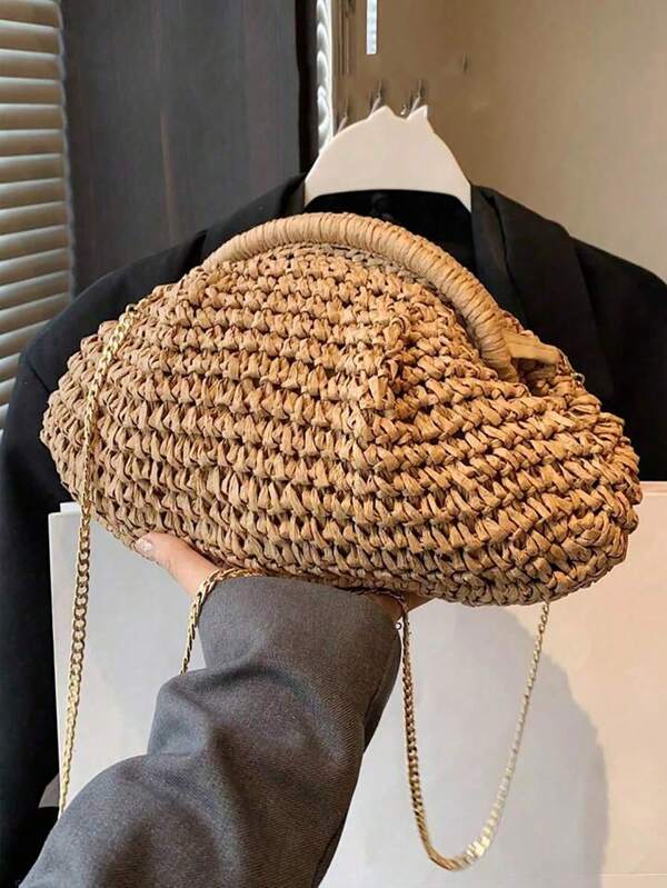 Geantă de paie cu design la modă pentru femei, nișă populară de modă, stil artistic țesut Mori, lanț, geantă de umăr, geantă crossbody casual asortată pentru femei, potrivită pentru cumpărături, cadouri, naveta, geantă de plajă atrăgătoare de vară, geantă de plajă de paie de vară pentru femei