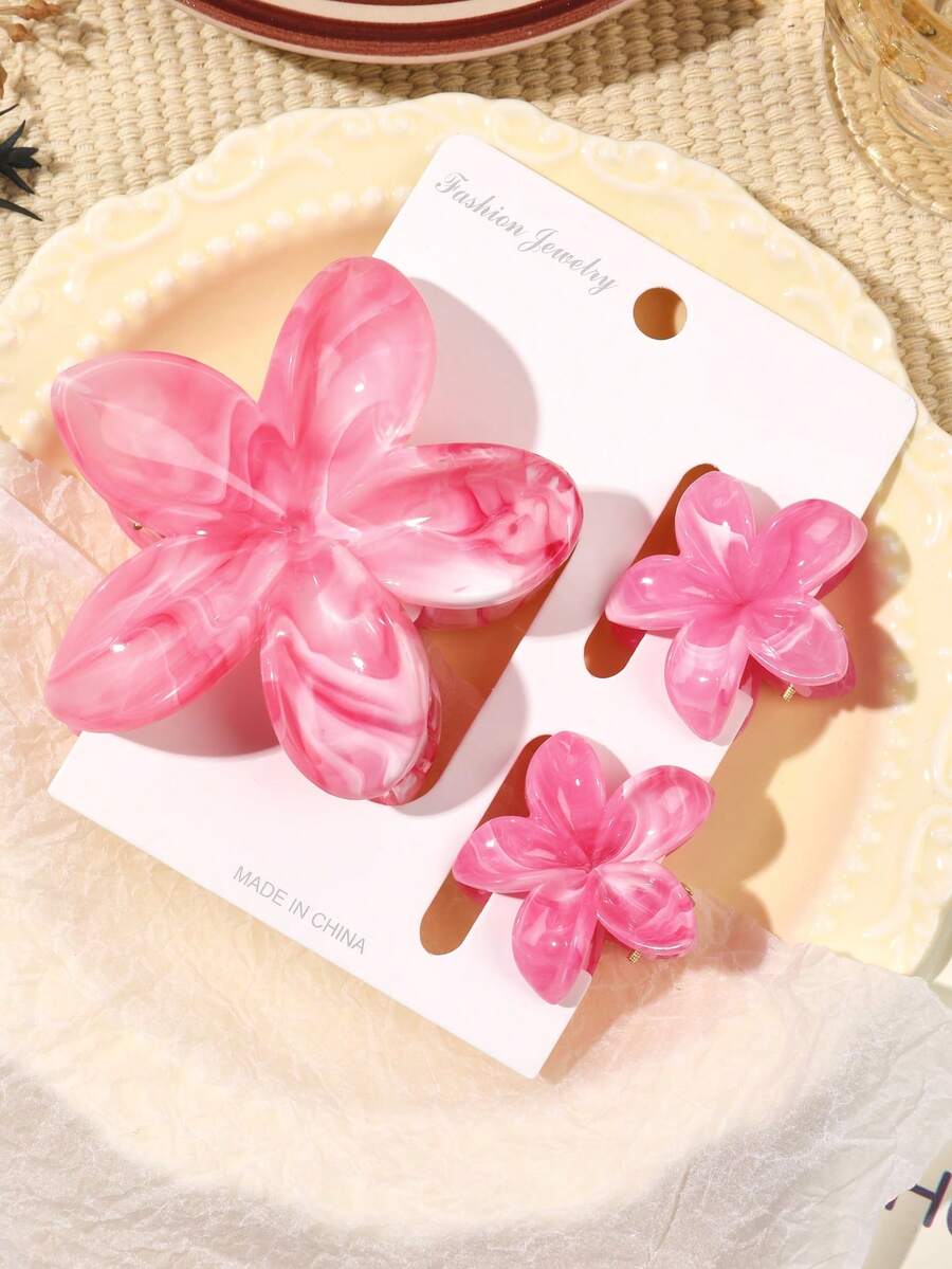 3 件套波西米亚风格渐变大理石图案大号和小号花朵发夹，适合春夏季海滩度假发夹爪夹发夹发夹发夹，学校用品，学院秋冬女士发饰