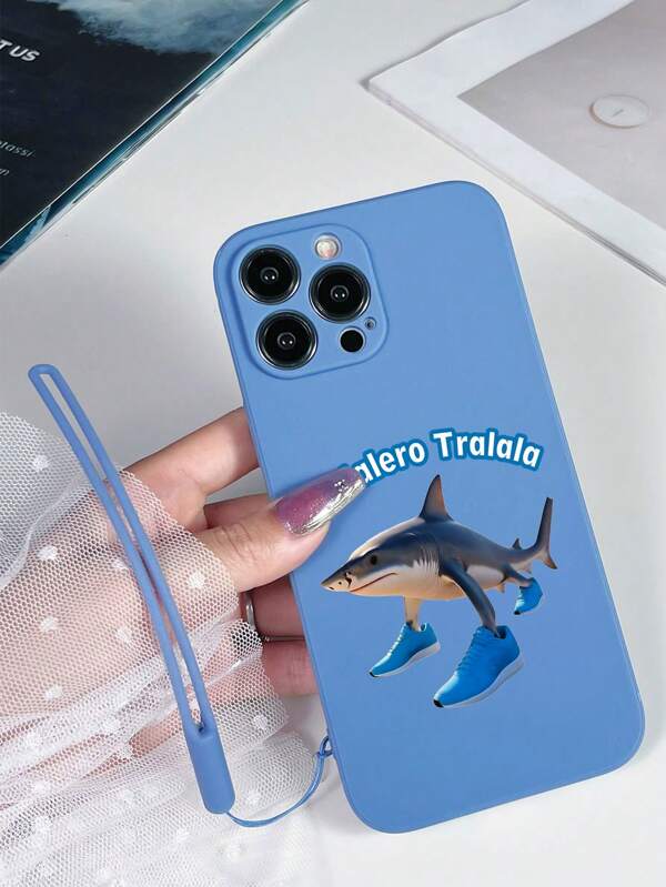 1 stuk grijze TPU Tralalero Tralala abstract haaienpatroon schokbestendige telefoonhoes en 1 stuk grijze siliconen telefoonkoord, compatibel met iPhone/Android-telefoons
