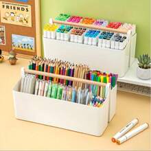 Large White Plastic Storage Box With Adjustable Dividers, Carry Handles And Stand - Portable Organizer Box For Art Supplies, Crafts, Colored Pencils And Cosmetics - Craft Essentials, Light Yellow Material