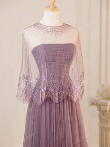 Elegante e raffinato abito da sera/abito in stile derby con sovrapposizione in rete viola, con scialle in pizzo, vestito formale, da cocktail, abito da sera, per invitati a matrimoni