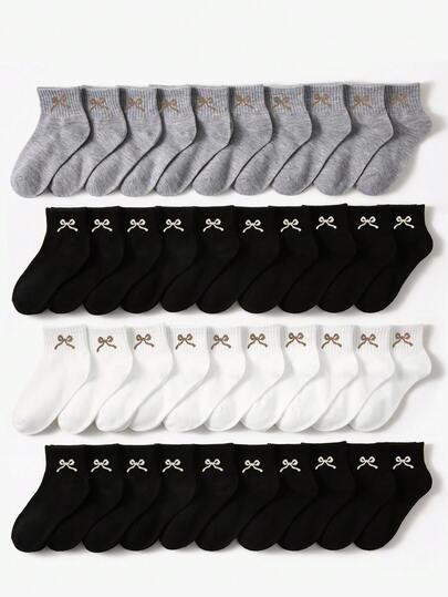 20/10/5/1 双装儿童春夏袜，纯色透气踝袜，蝴蝶结装饰，经典黑/白/灰系列，时尚亲肤柔软百搭袜子，适合日常穿着、送礼、返校