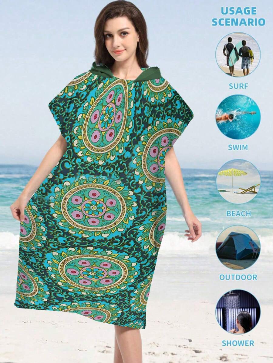1pc Green Mandala Flower Printed Hooded Cloak/Robe - Super Soft Microfiber Beach Pattern, Suitable For Men, Women, Couples As Gift - Beach & Home Decor, Couple Wrap | Microfiber Bathrobe, Fit For All Occasions Back To School