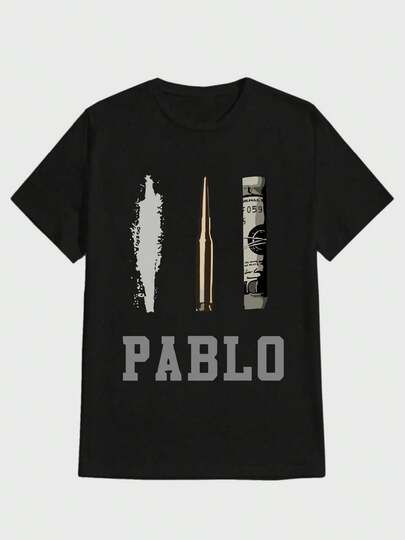 Para hombre,Camisa de algodón con estampado de cartucho, bala y billete con el nombre "PABLO",Camiseta casual de cuello redondo y manga corta con estampado,adecuada para uso diario en primavera y verano,unisex