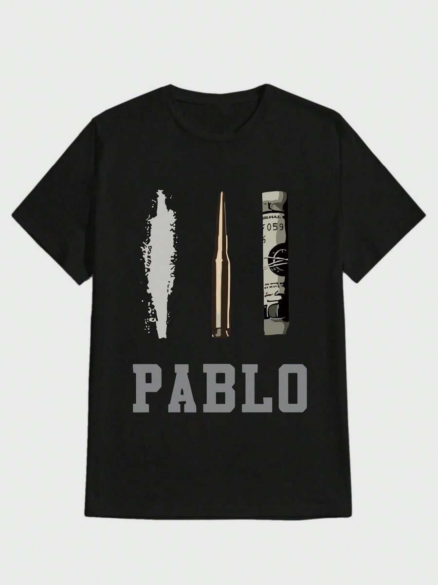 Para hombre,Camisa de algodón con estampado de cartucho, bala y billete con el nombre "PABLO",Camiseta casual de cuello redondo y manga corta con estampado,adecuada para uso diario en primavera y verano,unisex - Negro - Ver 1