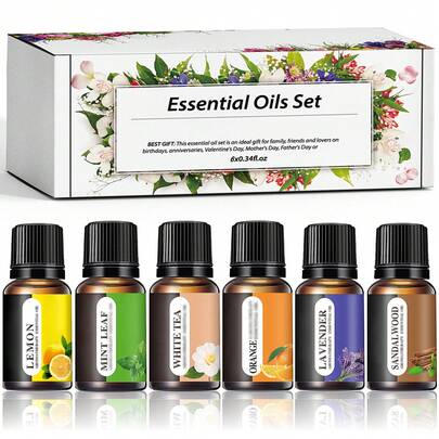 Essential Oil Set (6*0.34oz), 6 Aromatherapy Oil Gift Sets For Home Care, Reed Diffuser Oils, Fragrance, Aromatherapy, Humidifiers Lavender, Lemon, Orange, Peppermint, White Tea, Sandalwood