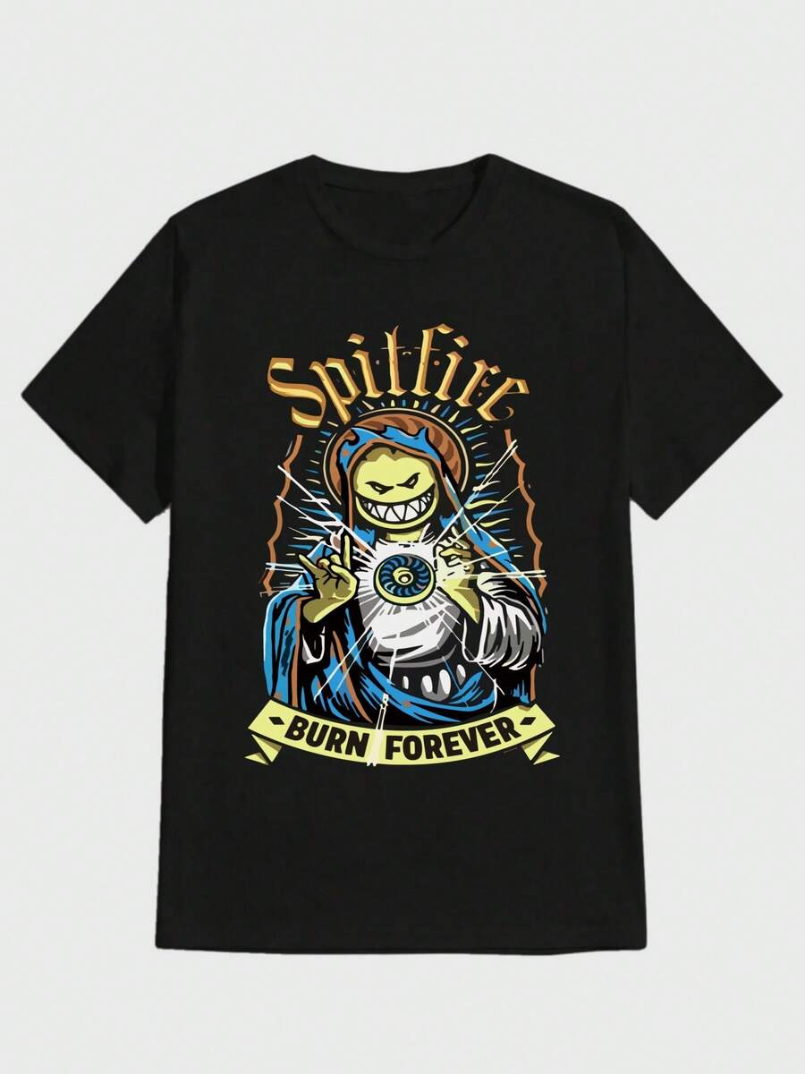 Para hombre,Camisa de algodón con estampado de personaje "Spitfire" y texto "BURN FOREVER",Camiseta casual de cuello redondo y manga corta con estampado,adecuada para uso diario en primavera y verano,unisex - Negro - Ver 1
