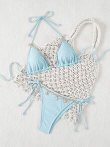 New Soft Strap Halter Backless Shell Decor Spaghetti Strap Bikini Set Vacation Beach - Mint Blue - View 10