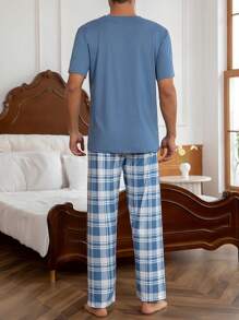 2pcs Men's Lightweight Round Neck Short Sleeve Contrast Plaid Print Pocket Pajama Set,Casual Simple Home Outfit, Spring/Summer