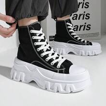 纯色系带厚底软底坡跟高帮女式运动鞋，轻便、百搭、休闲、时尚、简约、四季皆宜、透气、适合户外穿着 - 黑色 - 查看 3