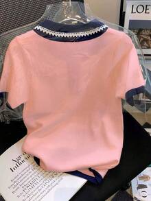 Blusa de manga corta con cuello polo bordado y bloques de color - Rosa Pálido - Ver 2