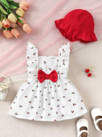 2 件女婴心形荷叶边蝴蝶结无袖连衣裙 + 可爱帽子套装，舒适百搭夏季女士连衣裙套装