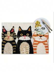 2/4/6pcs Linen Cat Placemats, 12x18 Inch, Rustic Vintage Table Mats For Home, Kitchen, Dining, Indoor & Outdoor, Holiday Decor, Farmhouse Style, No Power Needed
