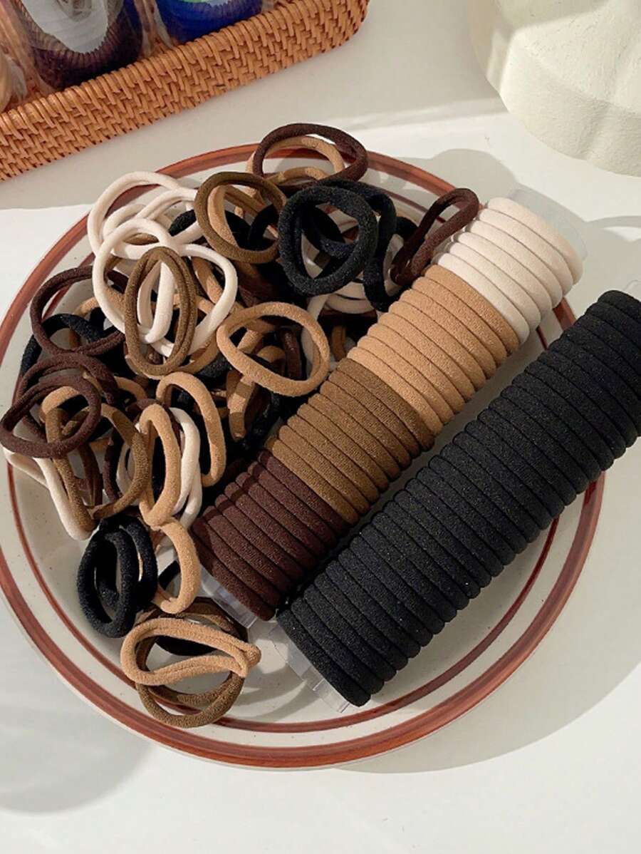 200 Stück/Set Damen alltagstaugliche schwarze, weiße, khakifarbene, braune Scrunchies in Zufallsfarben, hoch elastisch, haarscho­nend, modische, vielseitige, elegante, schlichte minimalistische Haarzubehör, geeignet für Alltag, Lässig, Party, Pendeln, Urlaub, Gesichts­reinigung, Make-up, Frisuren mit Haargummi