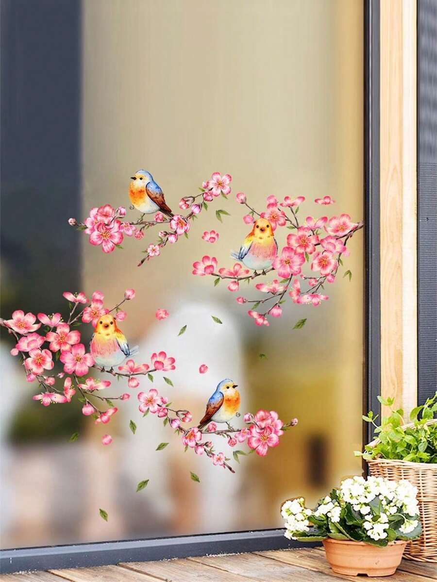 1 件家居装饰迷人粉色花卉和鸟类玻璃窗贴 - 防水，PVC 家居装饰贴纸，现代风格，乙烯基贴花，家居装饰，窗户装饰物品，刷新您的家庭房间装饰墙面装饰个性化墙贴