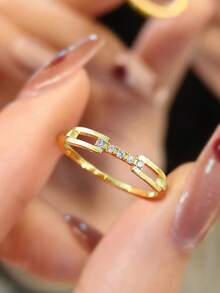 ESBERRY 1枚925纯银精美锆石戒指，订婚戒指，结婚戒指，女士承诺戒指，永恒戒指，优雅珠宝礼品 - 金色 - 查看 2