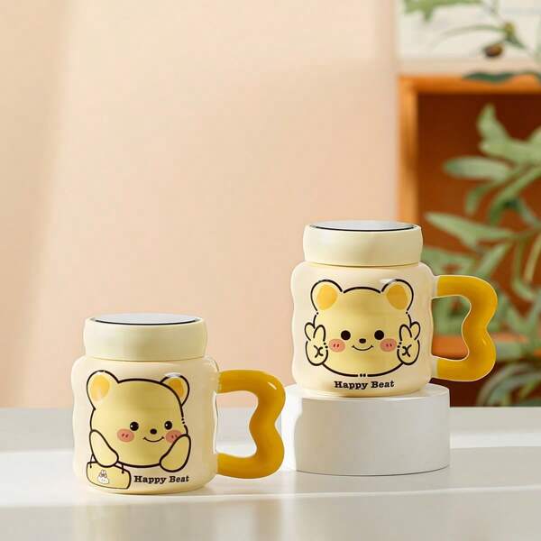 1pc Cream Color Cute Cartoon Bear Ceramic Mug Cup, Adorable Coffee/Tea Cup For Women