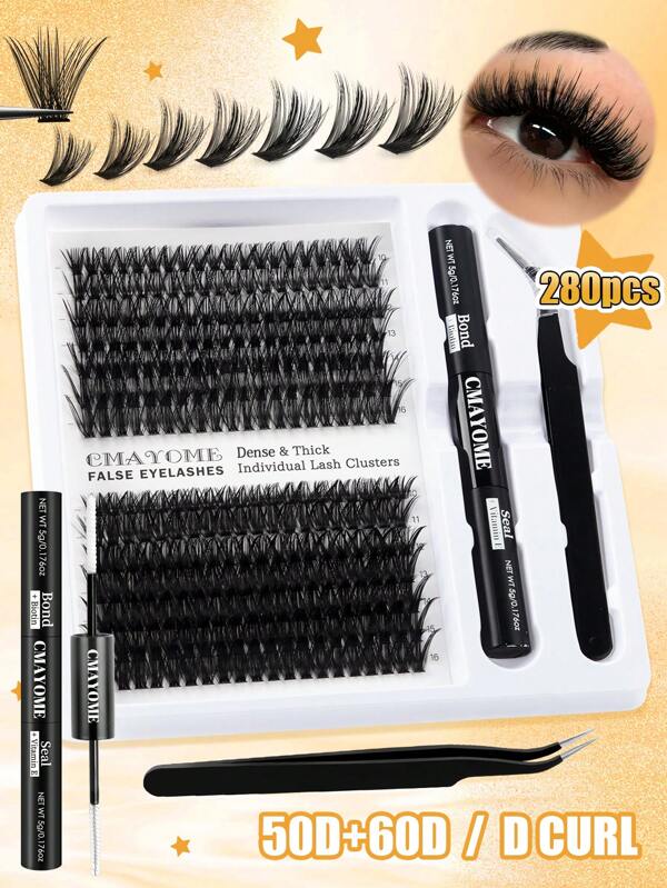280PCS D Curl Individual Eyelashes With Bond And Seal, Soft And Natural Look Fluffy Fake Eye Lashes Extension For Daily Wear, Thick Dense Enlarge Your Eyes False Lashes Extension Kit, Mix Style Lash Tray For Different Makeup Beauty, For Party, Wedding, Travel Use, 10-16MM Mix Length Lash Clusters Kit, Lashes, Eyelashes, Fake Lashes