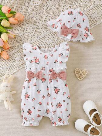 Conjunto de 2 piezas para bebés niñas: mameluco sin mangas con volantes con forma de corazón reversible + sombrero, cómodo y versátil, para primavera/verano
